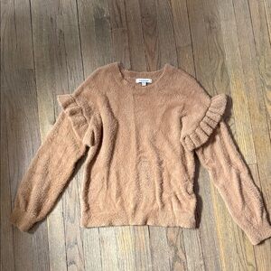 Francesca's Collections Tan Fuzzy Ruffle Sleeve Crew Sweater